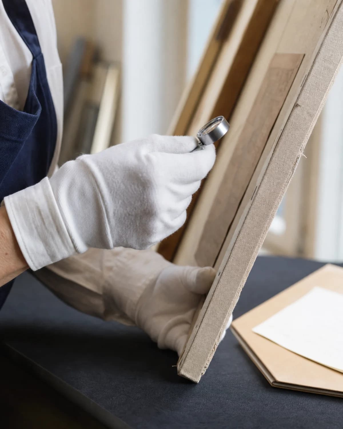 Expert examinant une œuvre avec soin