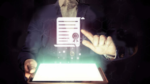 Concept of online learning. Man  touches to certificate icon  (diploma). He  holds tablet pc, that contains a many different online services.